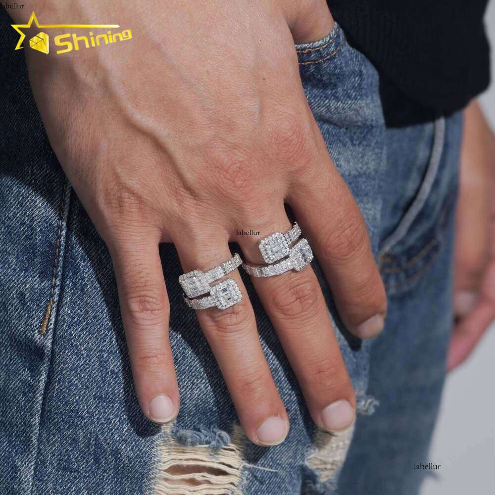 Gold-Plated Classic Silver Hip-Hop Jewelry Style Baguette VVS Moissanite Men's Ring