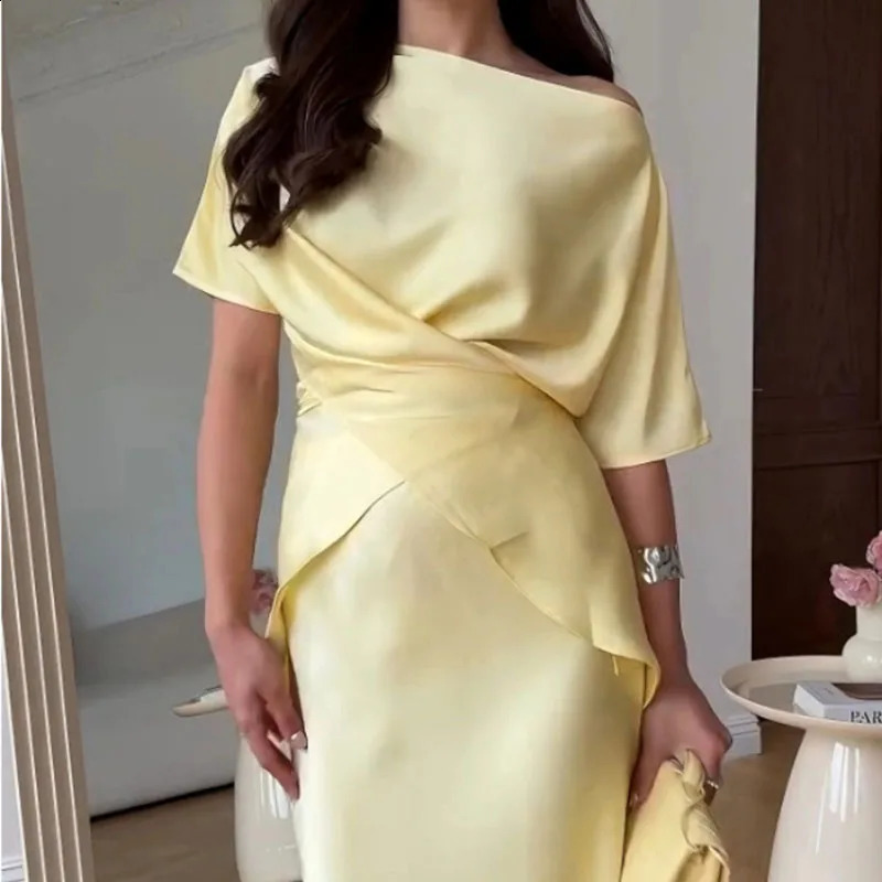 Spring Summer Satin Long Dress Suit White Elegant Crew Neck Cross Tie-up Top Bodycon Skirt Set 2 Piece Chic Solid Woman Outfit 250808
