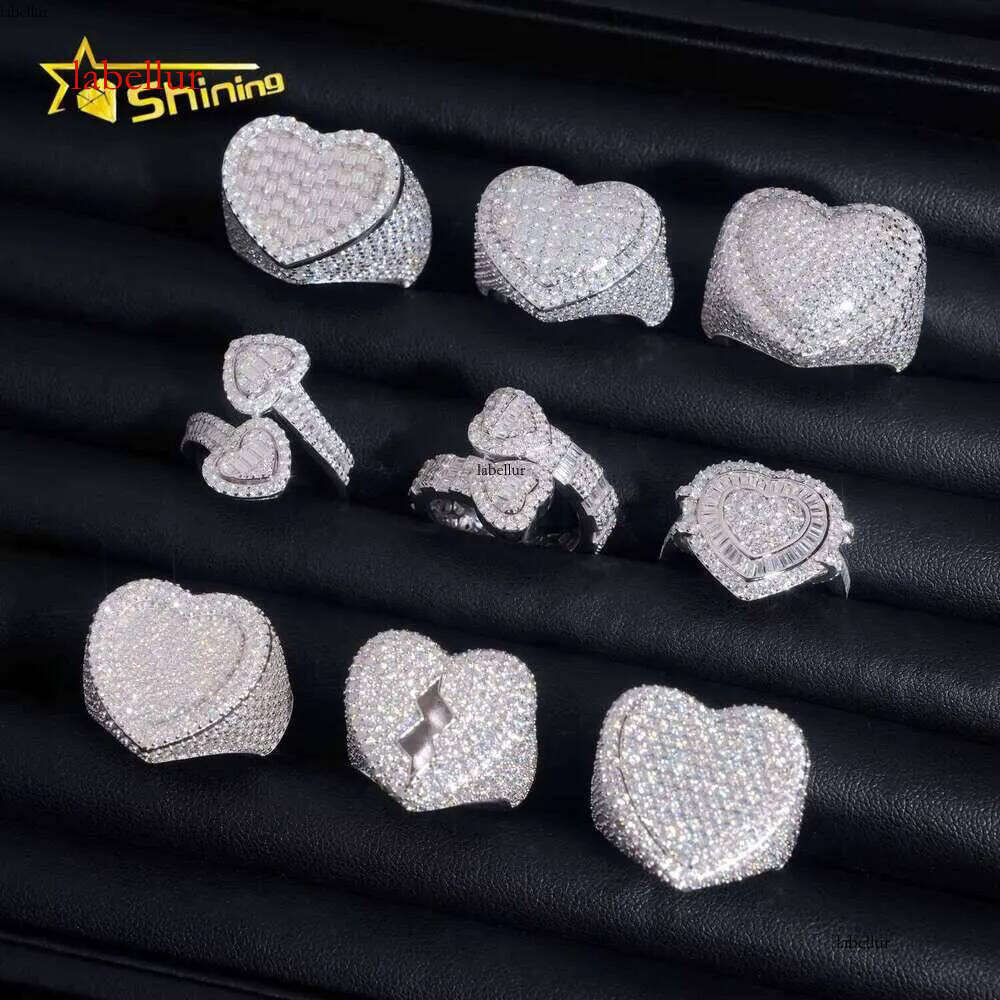 Fine Jewelry Pure Sier Gold-Plated Ice Out Men's Heart-Shaped VVS Silica Hip-Hop Ring