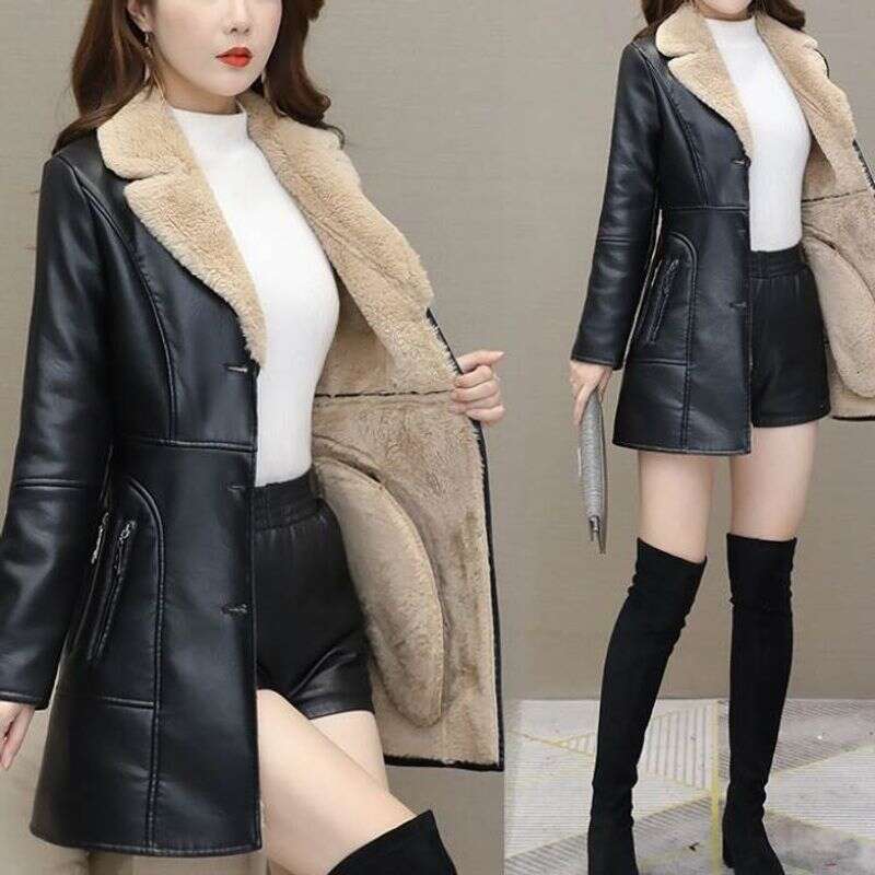 Women's Clothing Autumn And Winter Leather Plus Veet Thickened Mid Length Korean Version New Temperament Slim Fit Waist Pu Jacket Trendy