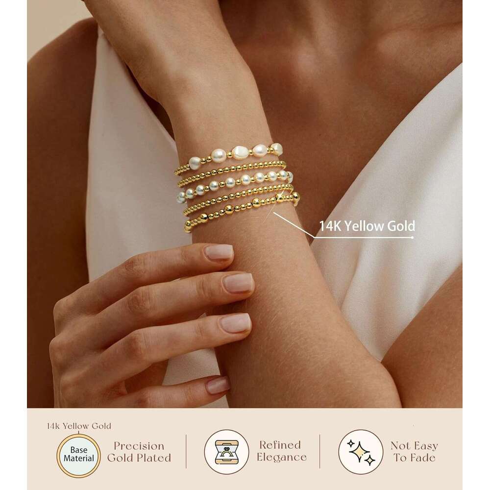 Bracelets Women Beaded 14K Gold Plated Stack Strand Stretch Bead Ball Stackable Adjustable Bracelet Set Jewelry for Gifts