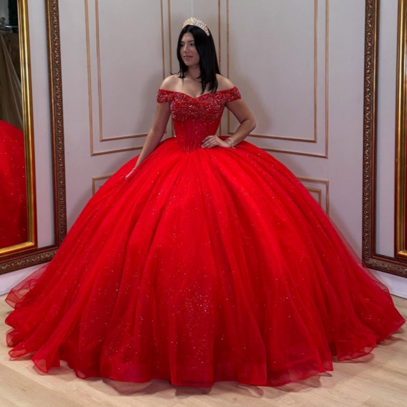 Red Shiny Quinceanera Dresses Off The Shoulder Beading Crystal Tull Party Birthday Ball Gown Vestidos De 15 Anos Sweet 16 Dress