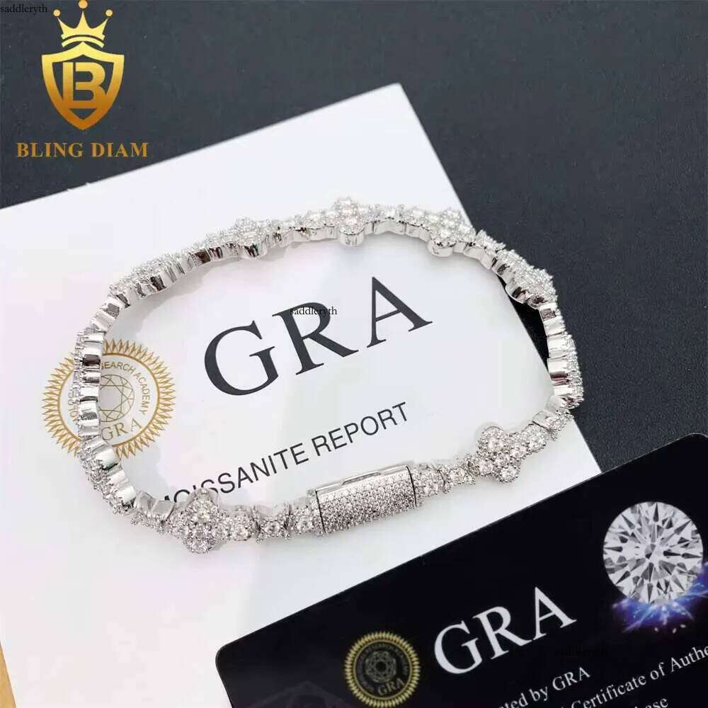 10MM 13MM Hip Hop Sterling Sier Jewelry Moissanite Cuban Chain Flower Cross Iced Out Bracelet 46 7a