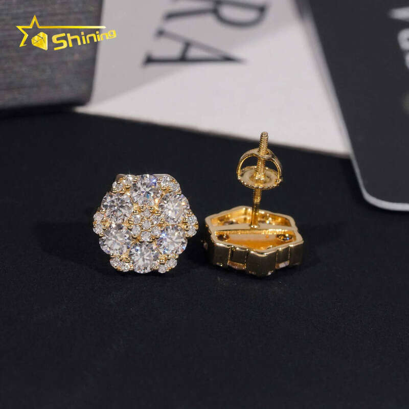 Fine Jewelry Flower Design Screw Back Ear Studs Iced Out Sterling Sier Gold Plated Moissanite Stud Earrings Ready To Ship