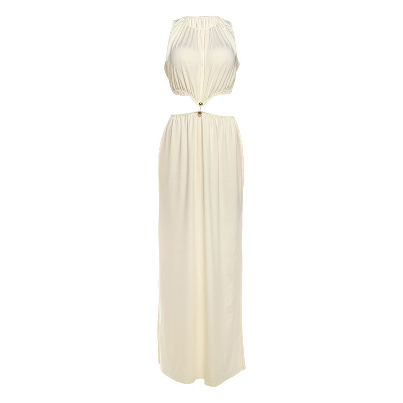 2025 Autumn New Womens Fashion Sexy Waist-Exposing Long Dress Round Neck Sleeveless Solid Color Dress
