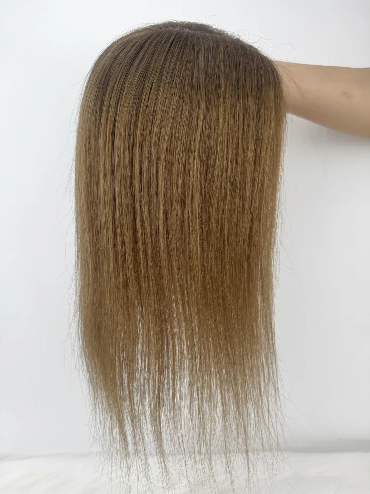 Light Brown Ombre Virgin Hair Women Topper Injected Silicone Skin Base Toupee 9x14cm Clip In Human Hair Topper Silk Bas PU Around or no pu