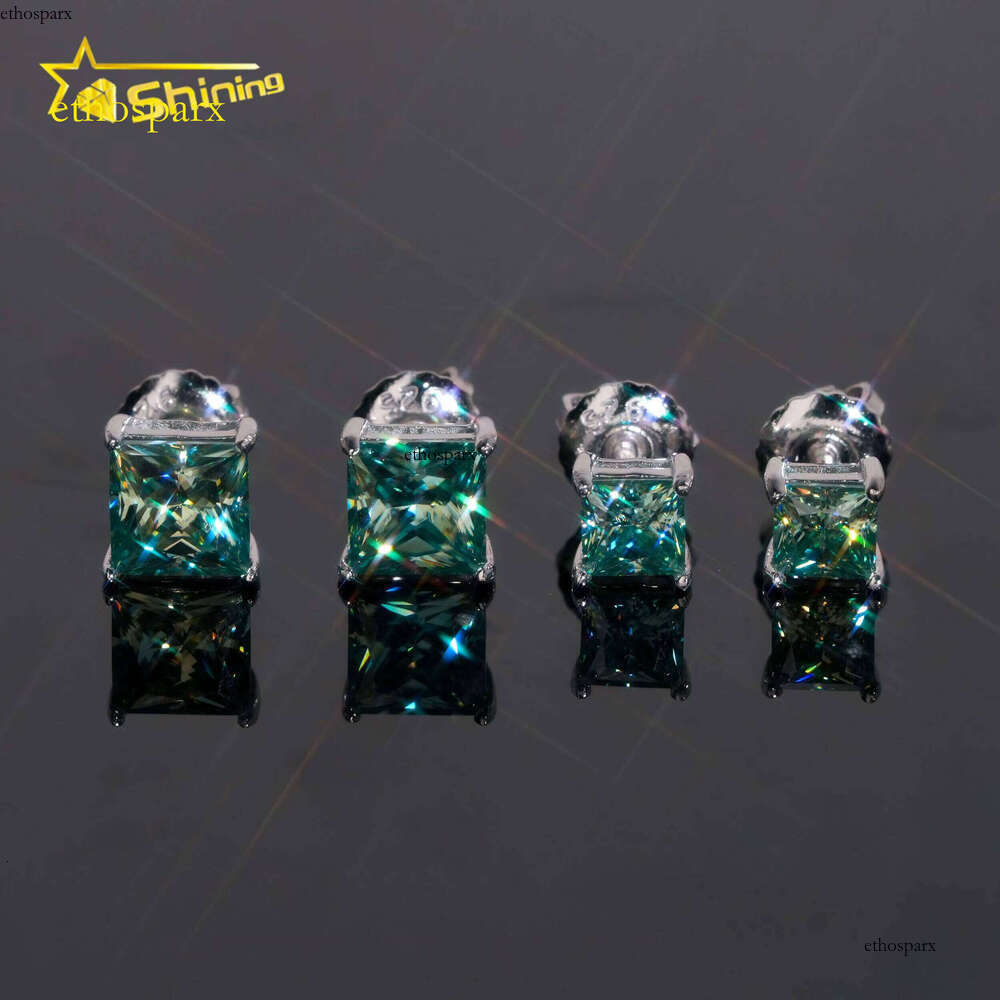 Classic Dia Earring Blue Green Princess Cut Mens Sterling Sier Square Moissanite Stud Earrings