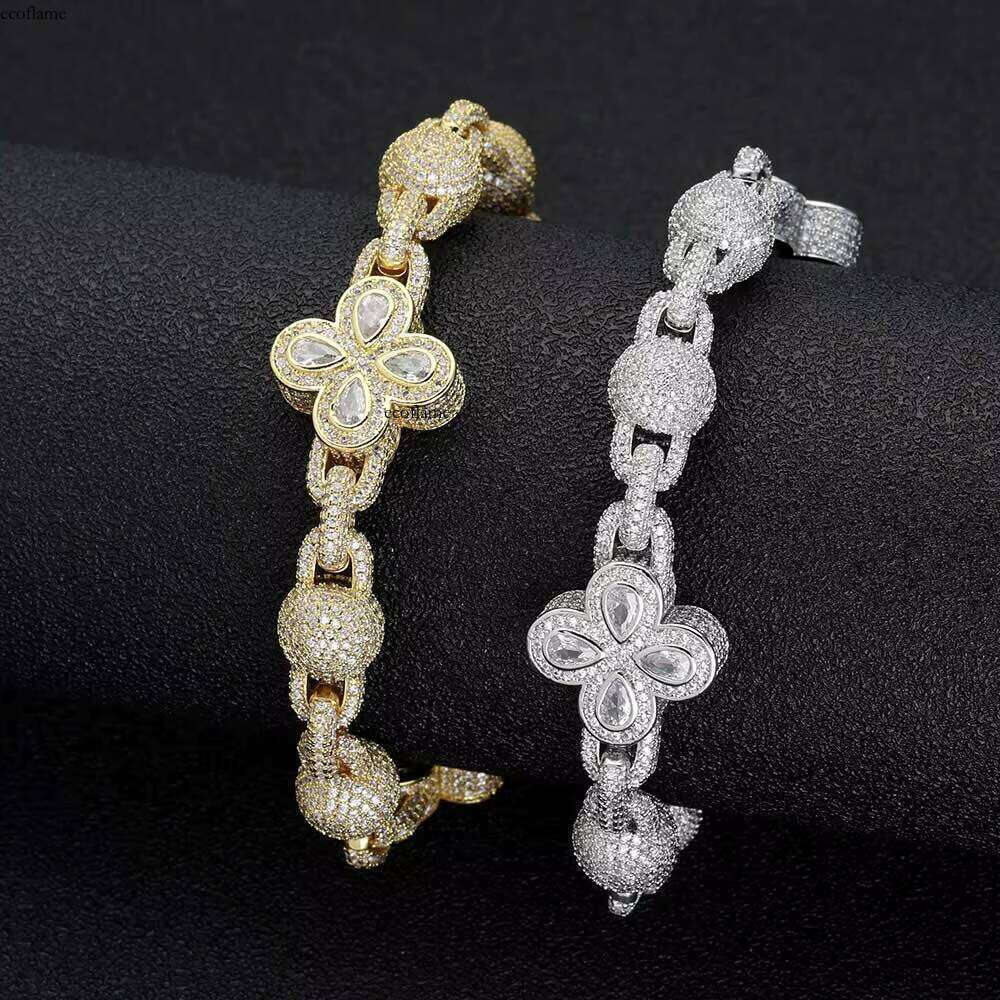 Hip Hop Jewelry Iced Out Dia Four-Leaf Clover Women's Full Pave Shiny Zircon Round Ball Beaded Link Chain Bracelet