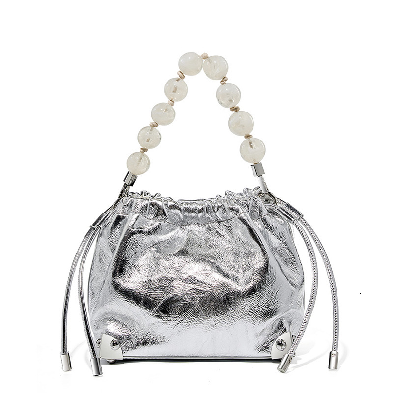 New Chinese Style Beaded First Layer Cowhide Hand-Grasped Flower Pleated Lucky Handbag Shoulder Crossbody Women's Bag