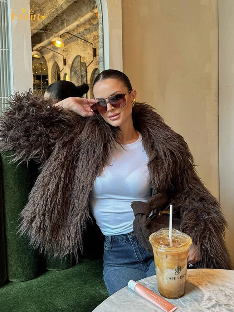Women's Brown Loose Faux Fur Coat Female Solid Round Neck Winter Fashion Warm Jacket Casual Chic High Street Thicken Outerwear