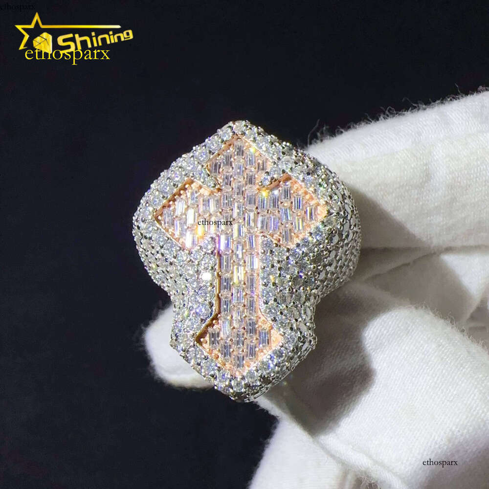 Sterling Silver VVS Cubic Zirconia Iced Out Lab Hip Hop Jewelry Cross Ring