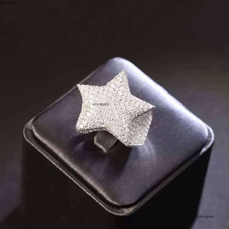 RTS Hip Hop Fine Jewelry Sterling Sier Gold Plated Ice Out Moissanite Cuban Men Star Ring