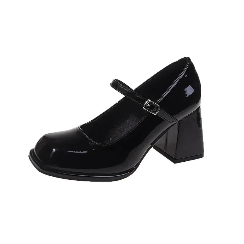 Ladies Summer Black Small Leather Shoes Mary Janes Vintage Buckle Non-Slip Sandals Woman Medium Heels Casual Elegant Heels 260625 - view 6