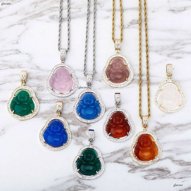 New Maitreya Buddha Statue Chalcedony Pendant Real Gold Plated Moissanite chain Inlaid Personality Hip-Hop Necklace