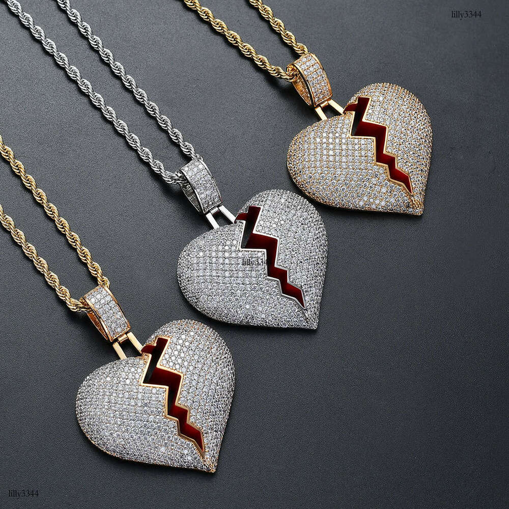 Unique Unisex Couple Heartbreak Pendant Broken Heart Full Moissanite chain Hip Hop Necklace