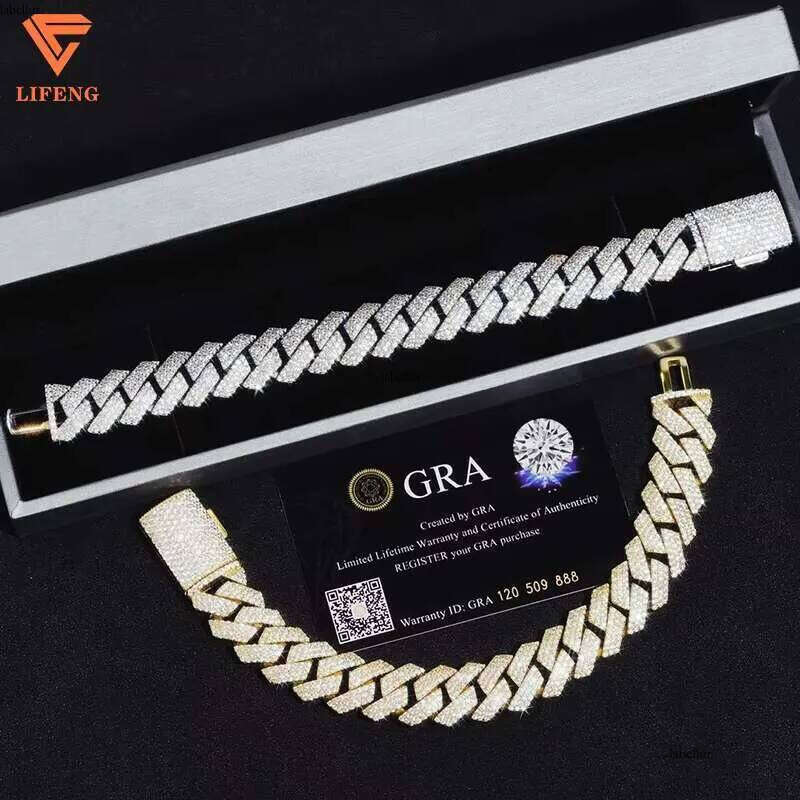 White Gold Plated Sterling Sier VVS Moissanite Dia Cuban Link Chain Bracelet Iced Out Mossanite Jewelry for Men