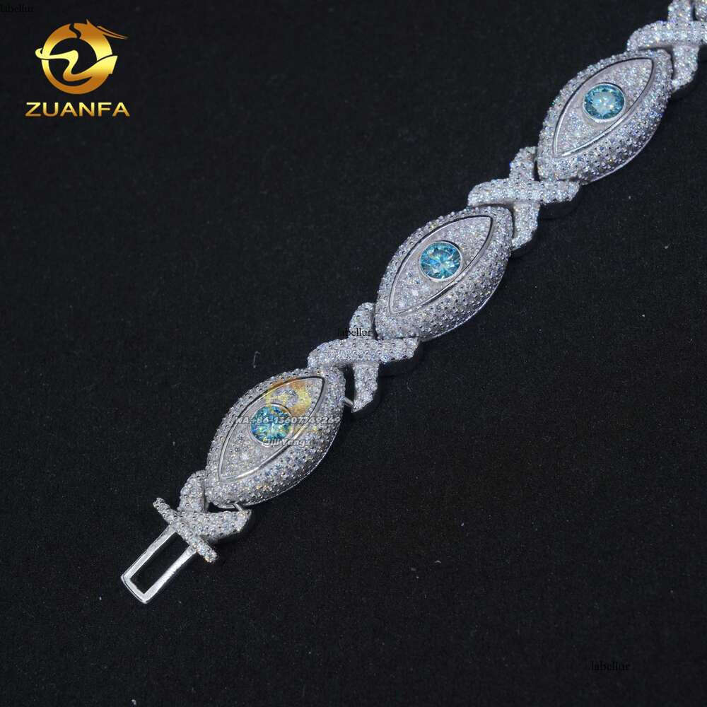 12Mm Fashion Evil Eye Sea Blue Fancy Jewelry Unlimited Moissanite Cuban Chain Bracelet