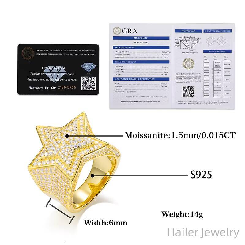 Hailer Joyas Wholesale Luxury 18k Gold Plated Hiphop VVS Moissanite Pinky Star Silver Ring for Men 925
