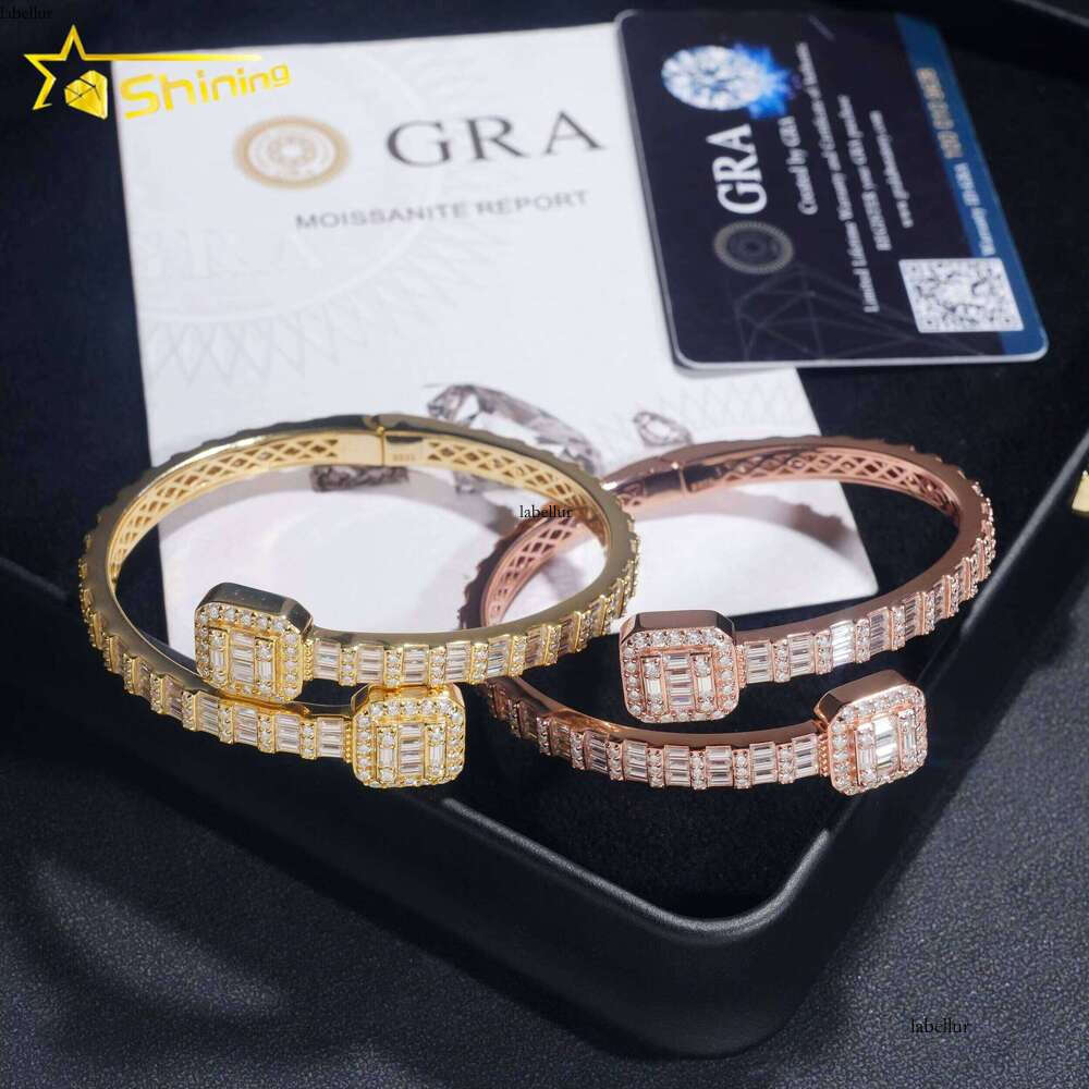 Factory Price Pass Tester Hip Hop Style 5MM Iced Out Baguette Dia Square Clasp Sier Moissanite Bangle Bracelet