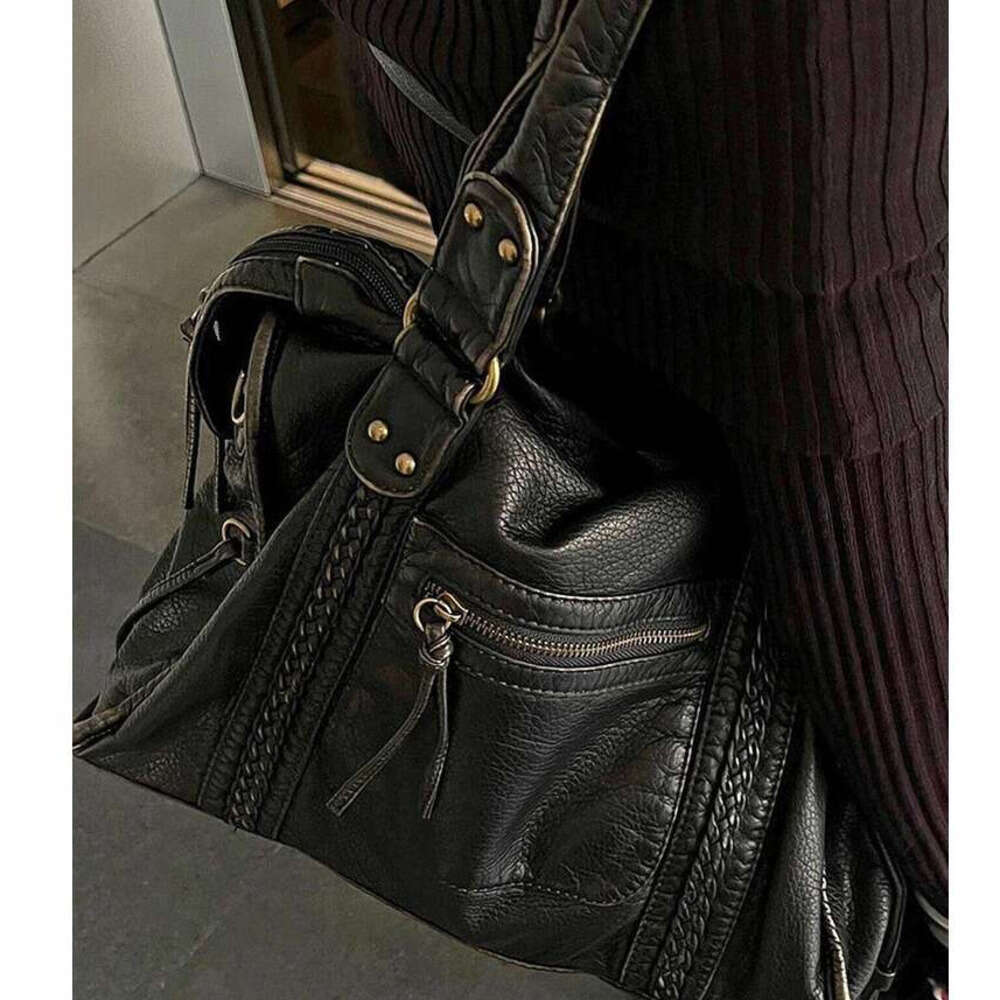 Vintage Washed PU Leather Large Capacity Tote Zip Pockets Braid Decor Shoulder Cross body Bag Unisex Women Daily Travel Handbag