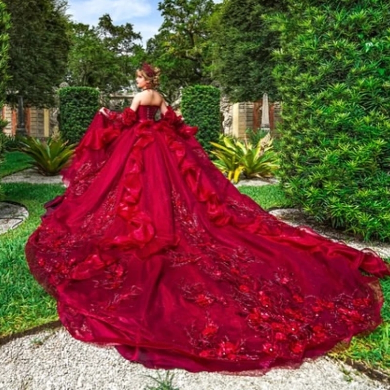 Red Quinceanera Dresses Ball Gown Off The Shoulder Applique Flower Beading Tull Corset Party Birthday Sweet 16 Dress Vestidos 15 De Anos