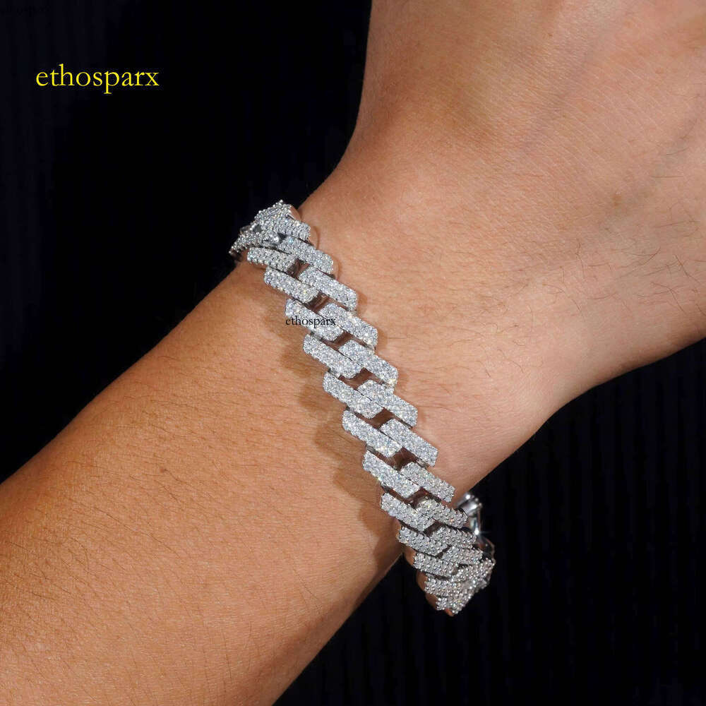 Trendy Two Rows 14mm Sterling Sier Hip Hop Fine Jewelry Vvs Moissanite Dia Cuban Link Bracelet Men