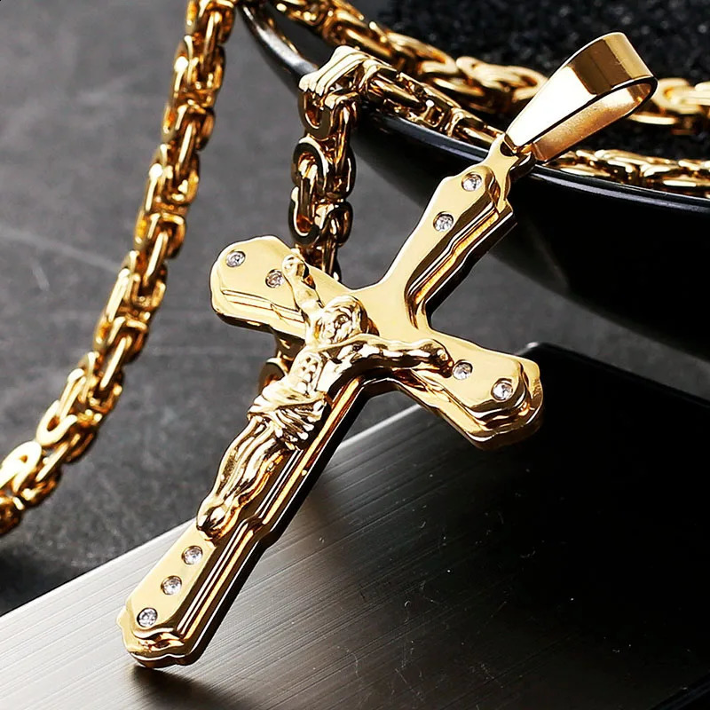 Ancient Men Stainless Steel Crystal Jesus Christ Holy Crucifix Cross Pendant Necklace Byzantine Chain Necklaces Jewelry Gifts 250805