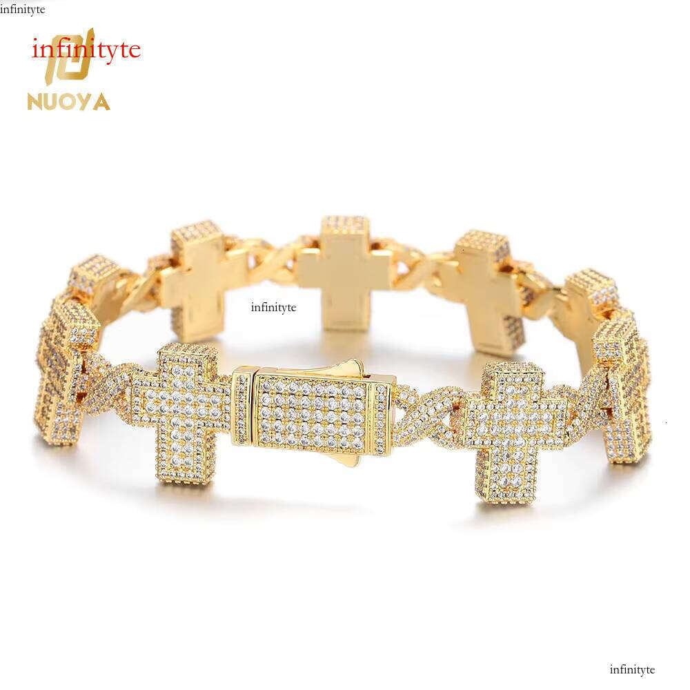 NUOYA New Design Iced Out Women's Hip Hop Jewelry Gold Plated Brass Full Dia Cross Link Chain Bracelet