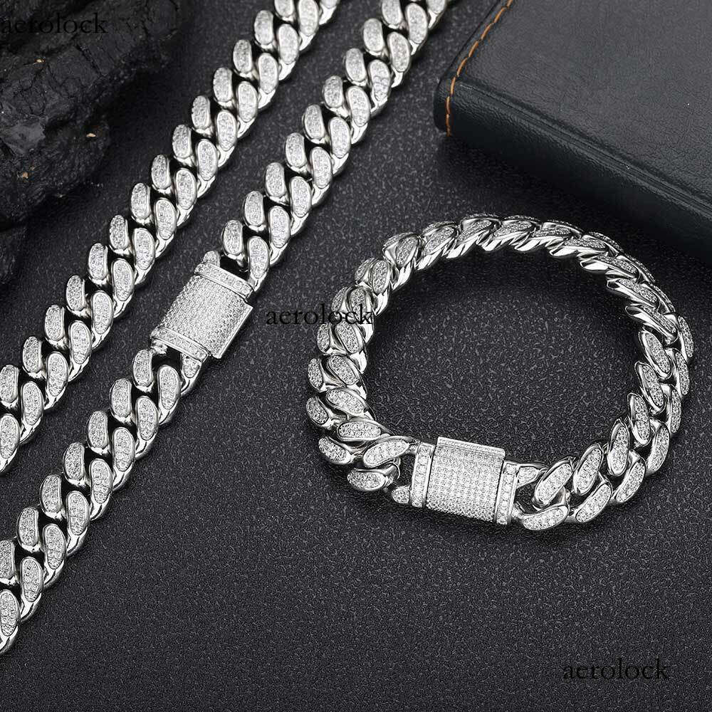 Hip Hop Moissanite chain Necklace 12mm Flip Clasp Double Row Full Dia Cuban Chain Trendy Brand Personality Men's Bracelet