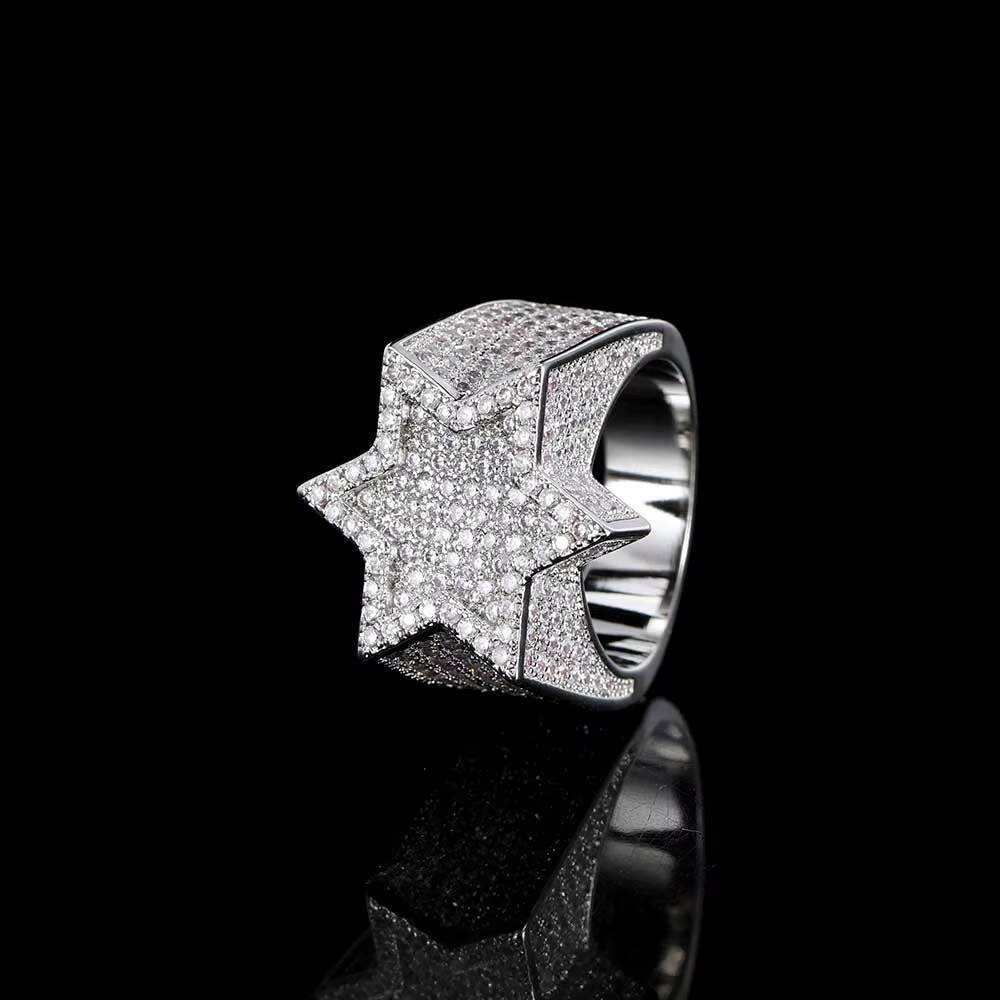Hip Hop Jewelry 925 Silver Micro Pave Moissanite Diamond 18k Gold Rings Hip-Hop Accessories Five-Pointed Star Shaped Rings