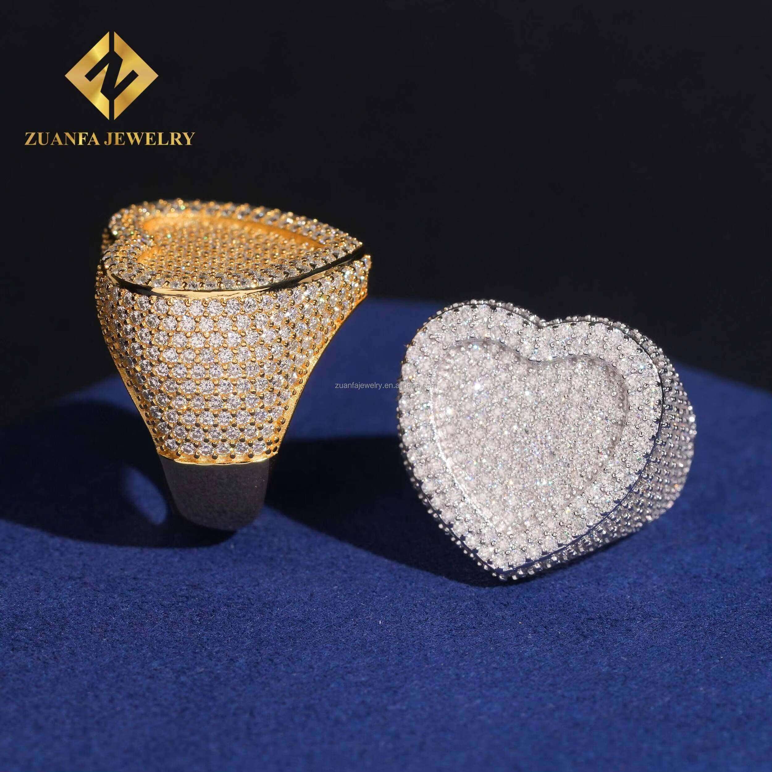 Bulk Stock Fashion Rapper 925 Solid Silver Hip Hop Luxury Iced Out Jewelry Heart Shape VVS1 Moissanite Diamond Man Band Ring
