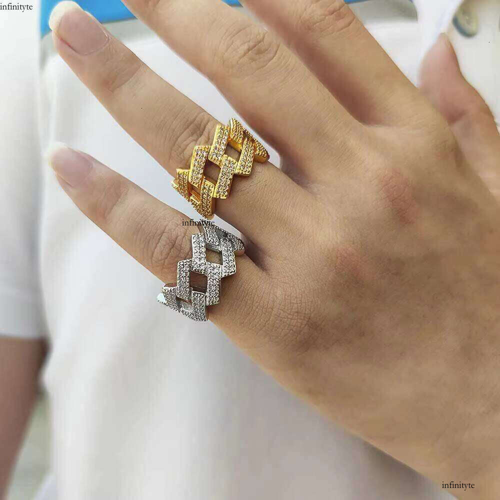 Hip Hop Iced Out Men Sier Gold Plated Brass Setting Zircon Cuban Ring Jewelry