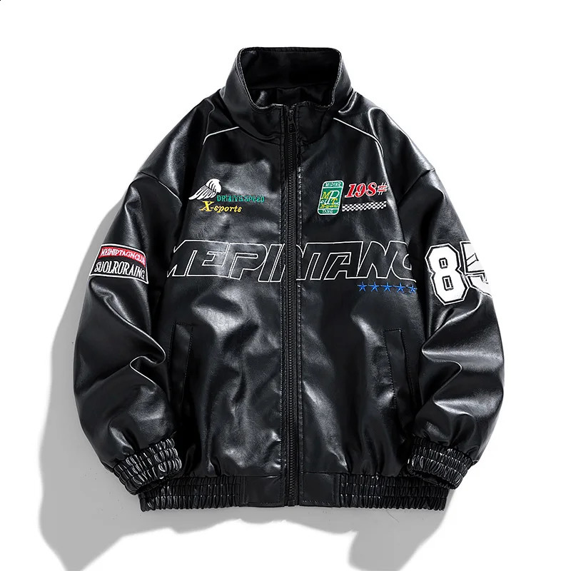 Mens Leather Jacket Pu Letter Embroidery Motorcycle Jacket Retro Hip Hop Windbreaker Biker Coat Street Fashion Black White Green 250809