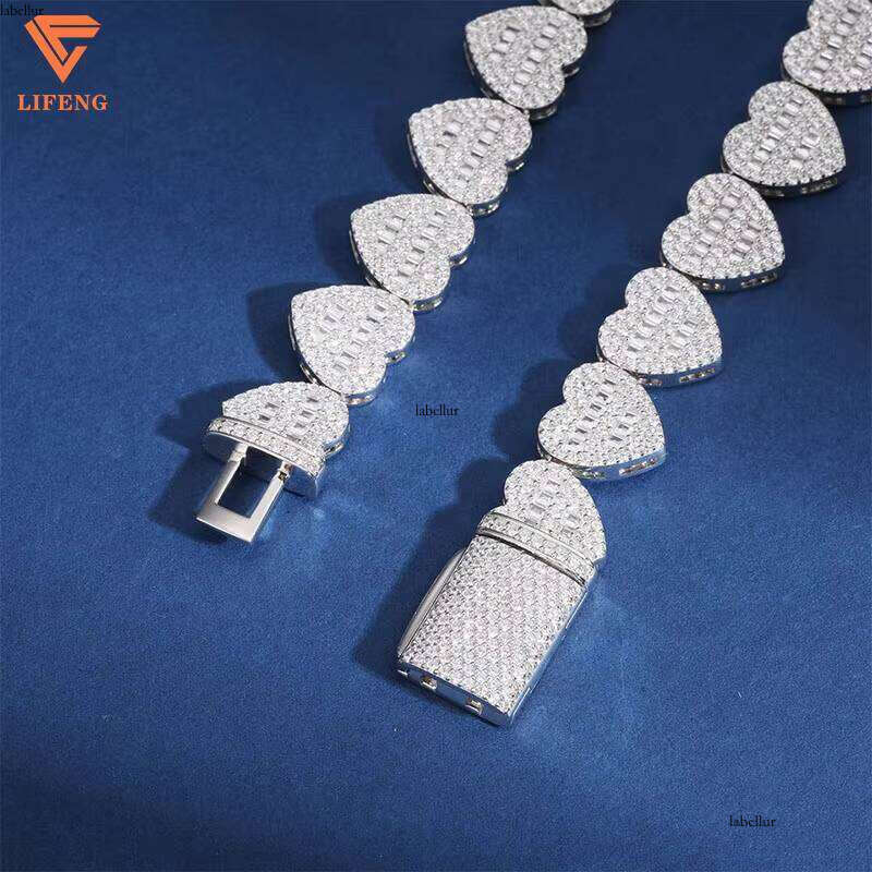Latest Design Fashion Jewelry 8mm Sier Iced Out VVS Moissanite Baguette Dias Heart-Shaped Tennis Chain Necklace
