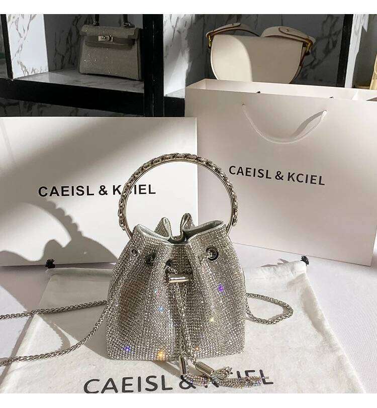 Designer Women's Handbag Rhinestones Dias Evening Clutch Glitter Shiny Bucket Purse Wedding Party Crossbody Bag