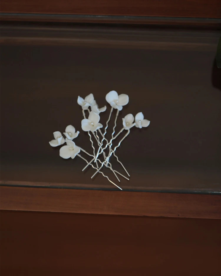 Bridal Jewelry Pearl Hair Pin Clip Porcelain Flower Head Piece For Bride Women Silver Color Hairpin Earrings Wedding Accessories 250807