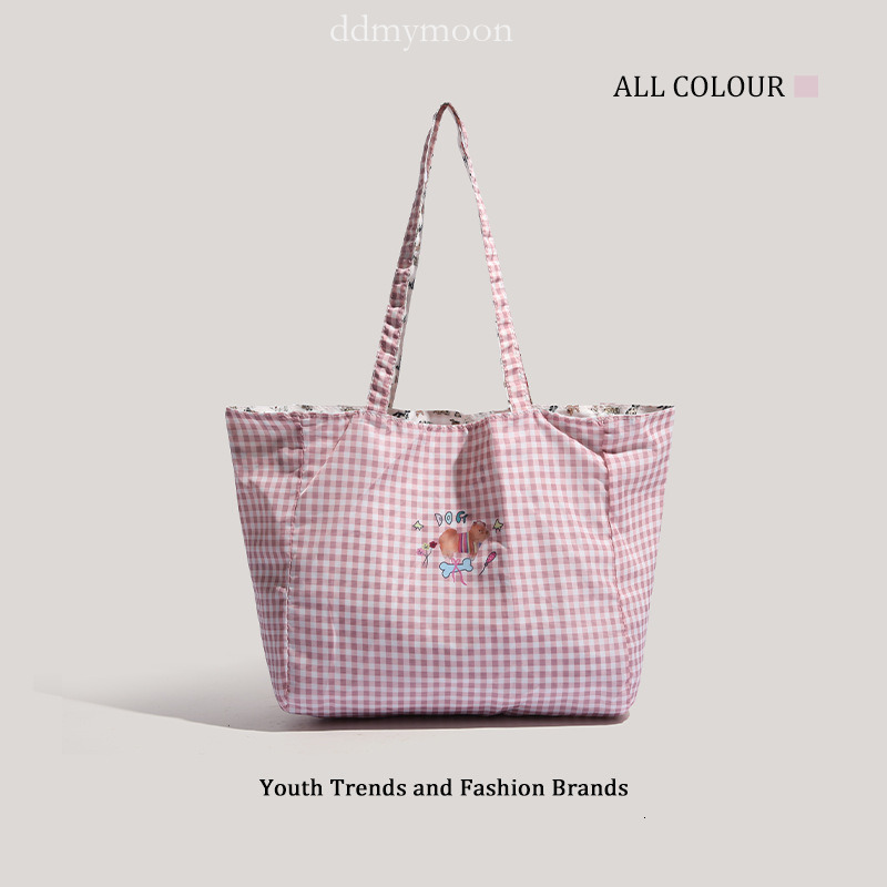 Large Capacity Plaid Shoulder 2025 New Double-Sided Tote Handheld Commuter Canvas Bag ddmymoon