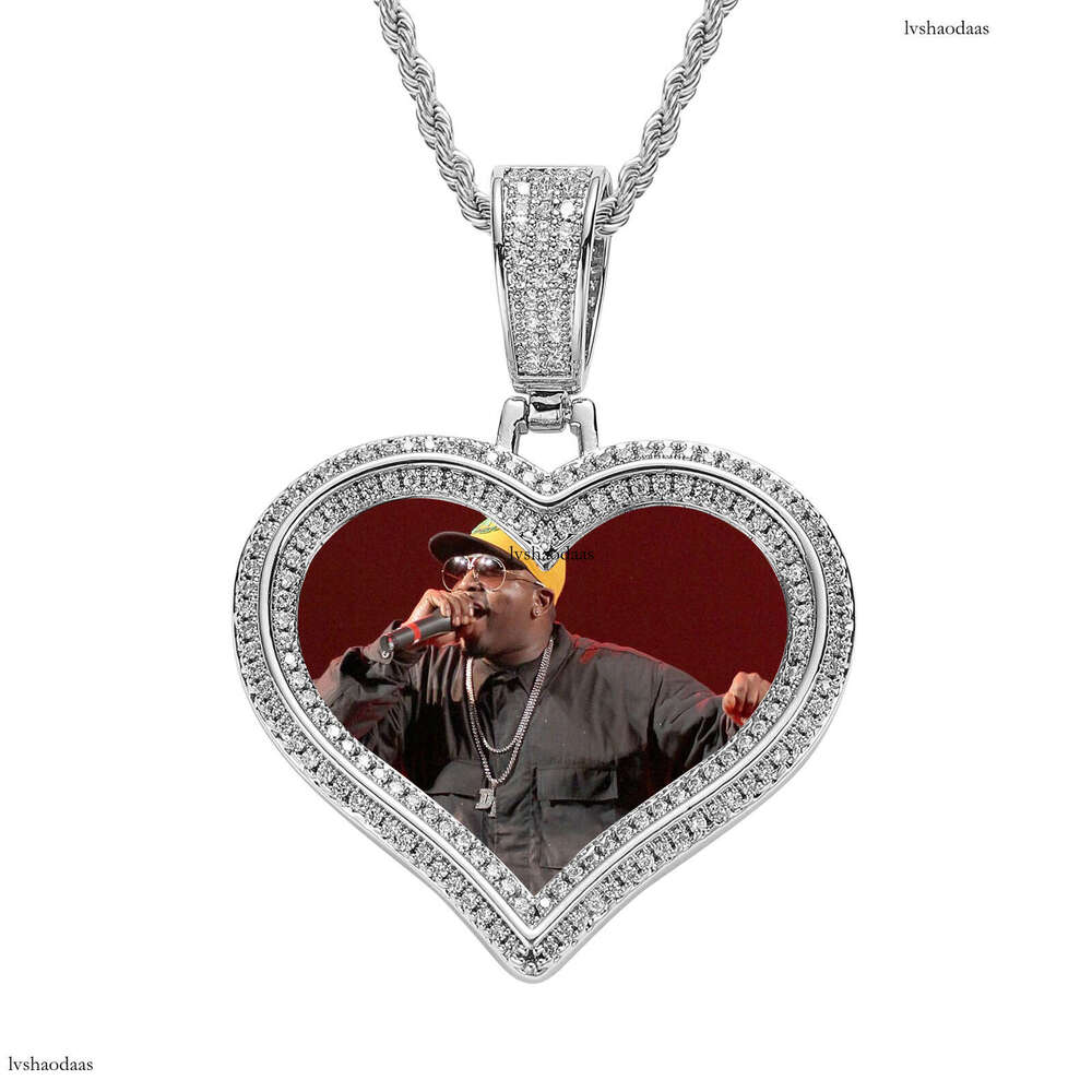 Hip Hop DIY Heart Frame Pendant Couple Photo Micro Paved Moissanite chain Solid Necklace