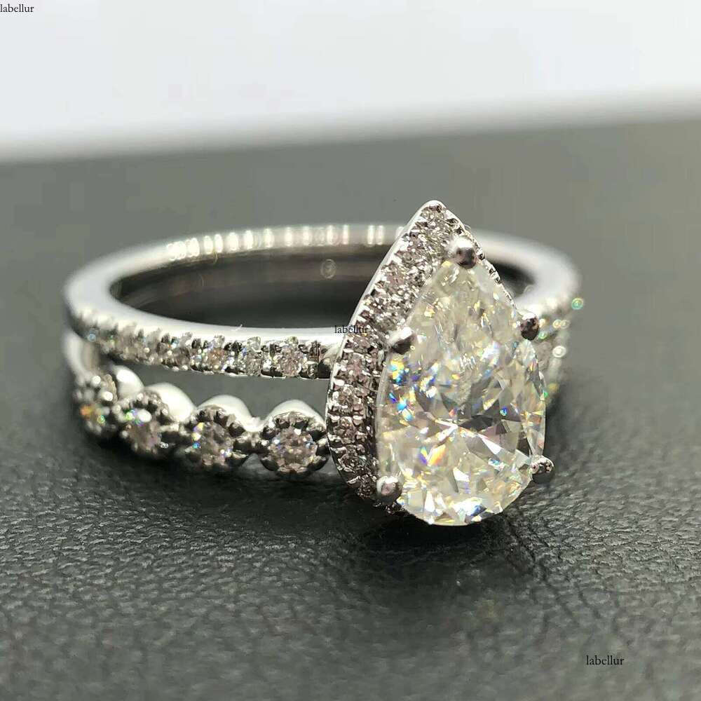 Fine Jewelry Pear Engagement Set Pure Gold Wedding Milgrain Band Dia Moissanite Stacking Ring for Women