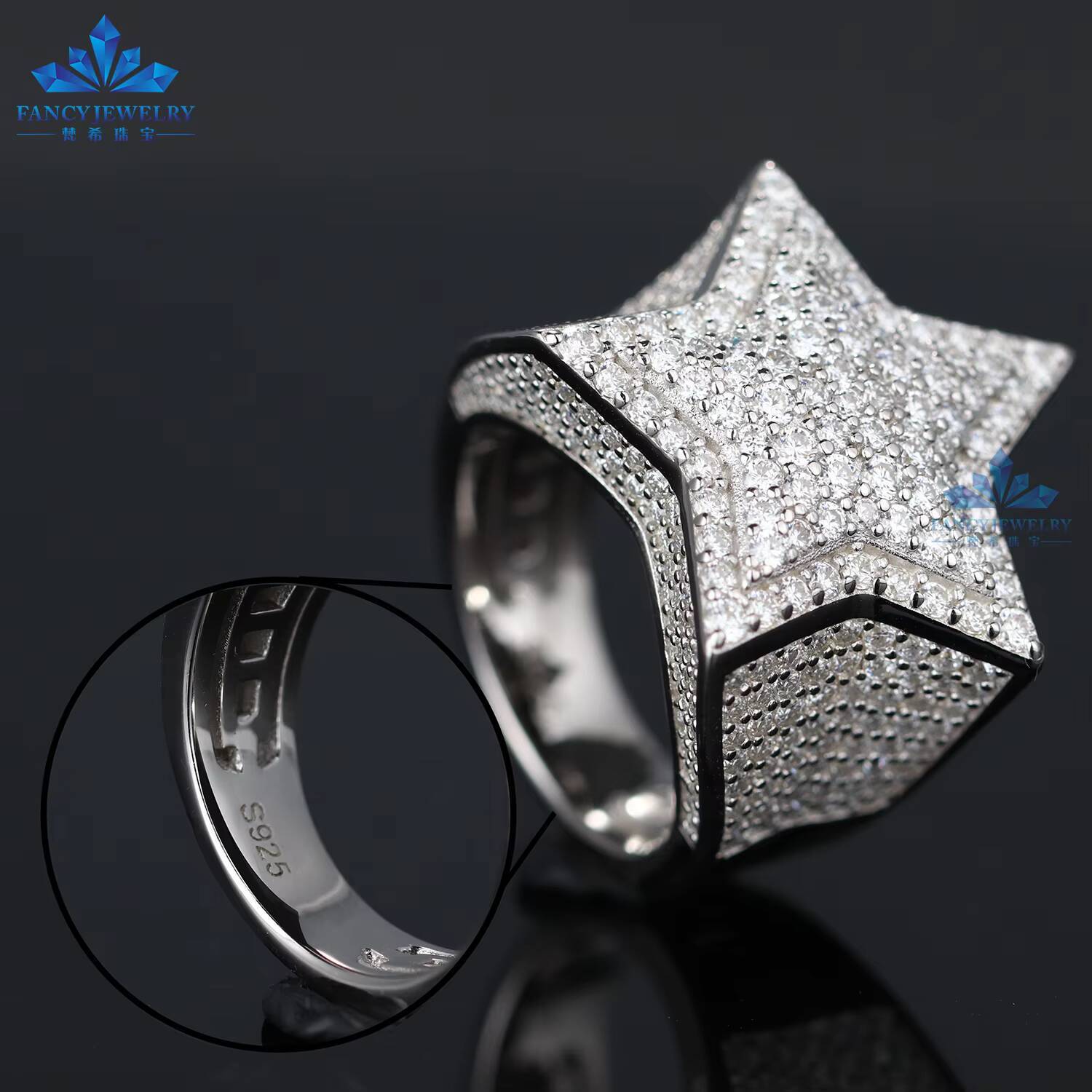 Mens Hip Hop Ring 925 Sterling Silver Ice Out Moissanite Star Finger Band Men Rings