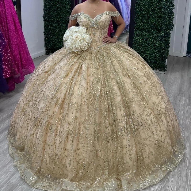 Champagne Shiny Quinceanera Dresses Off The Shoulder Sequin Lace Applique Beads Tull Corset Ball Gown Birthday Party Sweet 16 Dress Vestidos 15 Anos