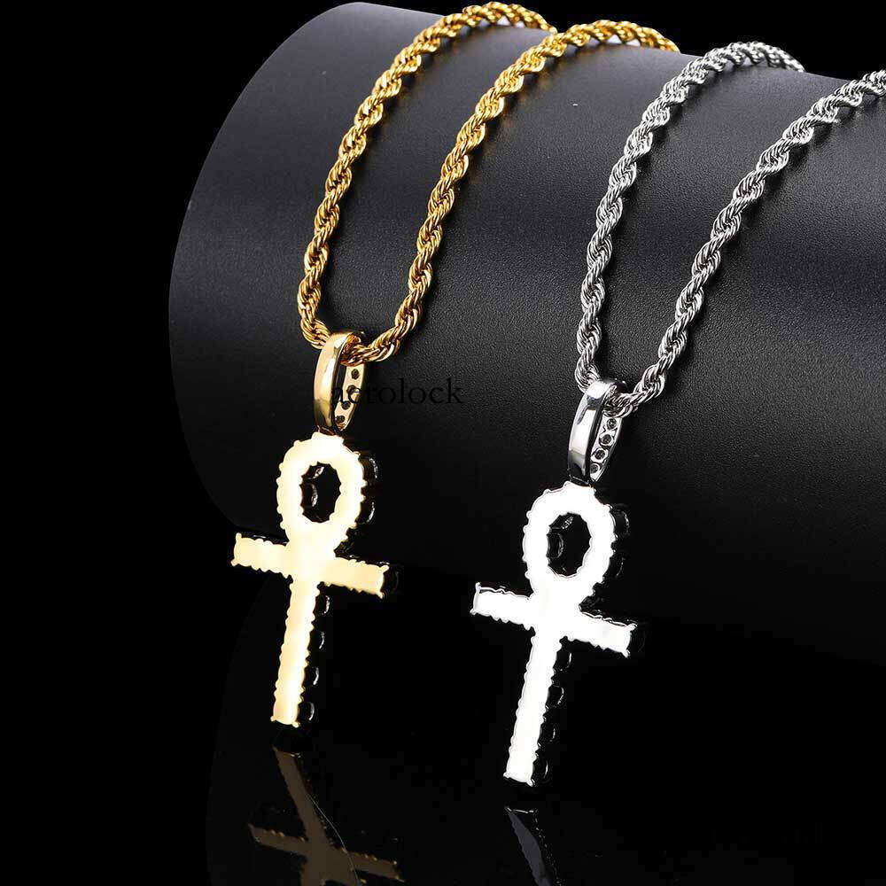 Solid Small Cross Pendant Micro Paved Moissanite chain Ankh Key Hip Hop Men's Necklace