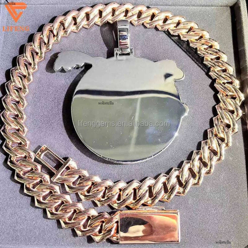 Fashion Design Solid Sier Gra Moissanite 18mm 20mm Wide Dia Iced Out Pendant Necklace Cuban Link Chain for Rapper BGD2