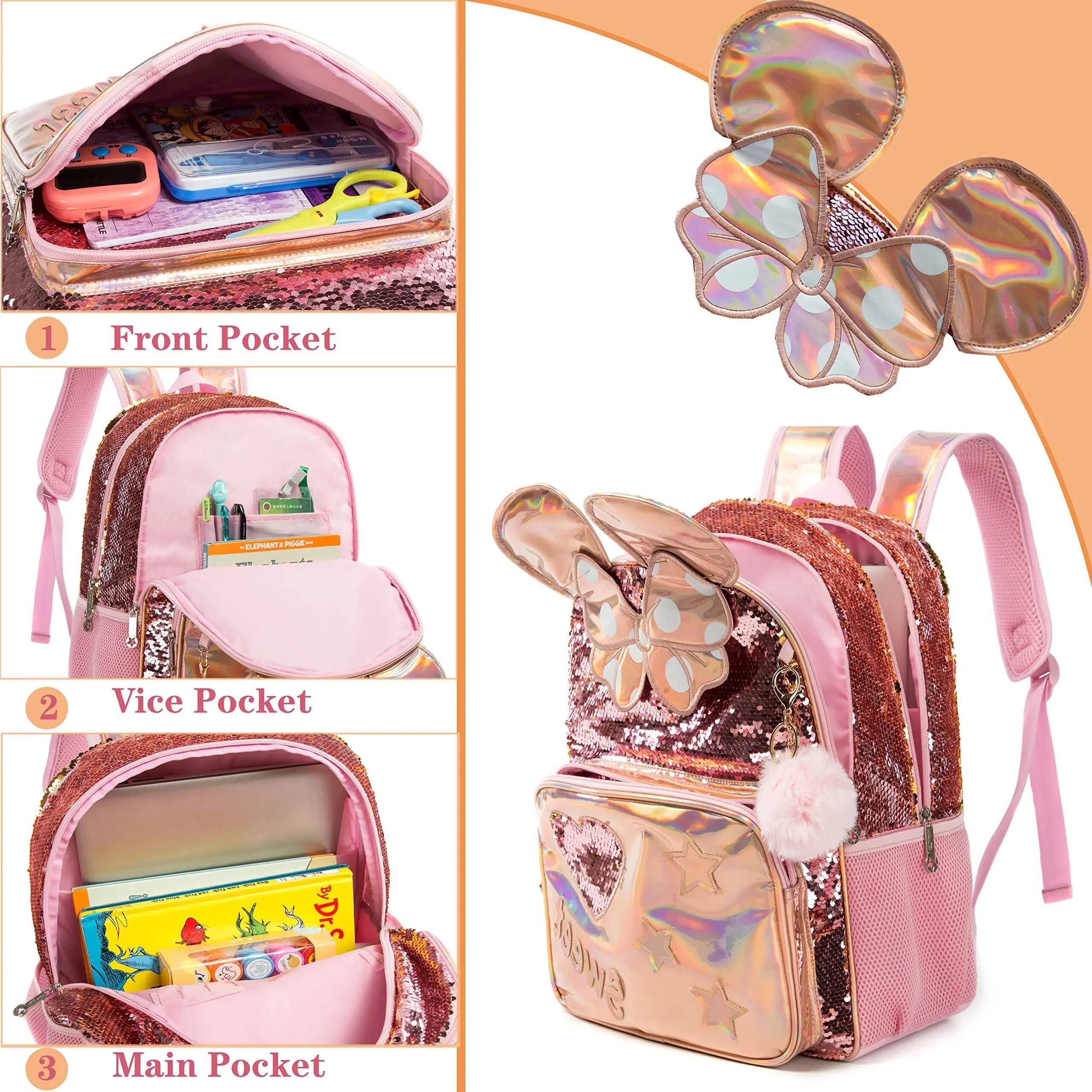 School Backpacks with Lunch Box Elementary Students, Travel Sequin Backpack for Girls, 16 ", 3Pcs