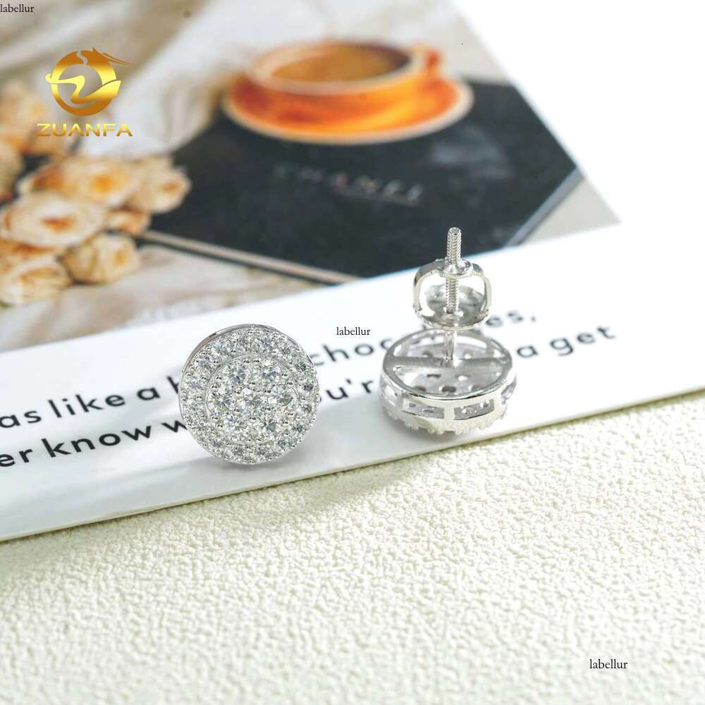 Round Cluster S Pure Sier Gold-Plated Micro Paving Back For Women Men Vvs Sand And Stone Earrings With Screw