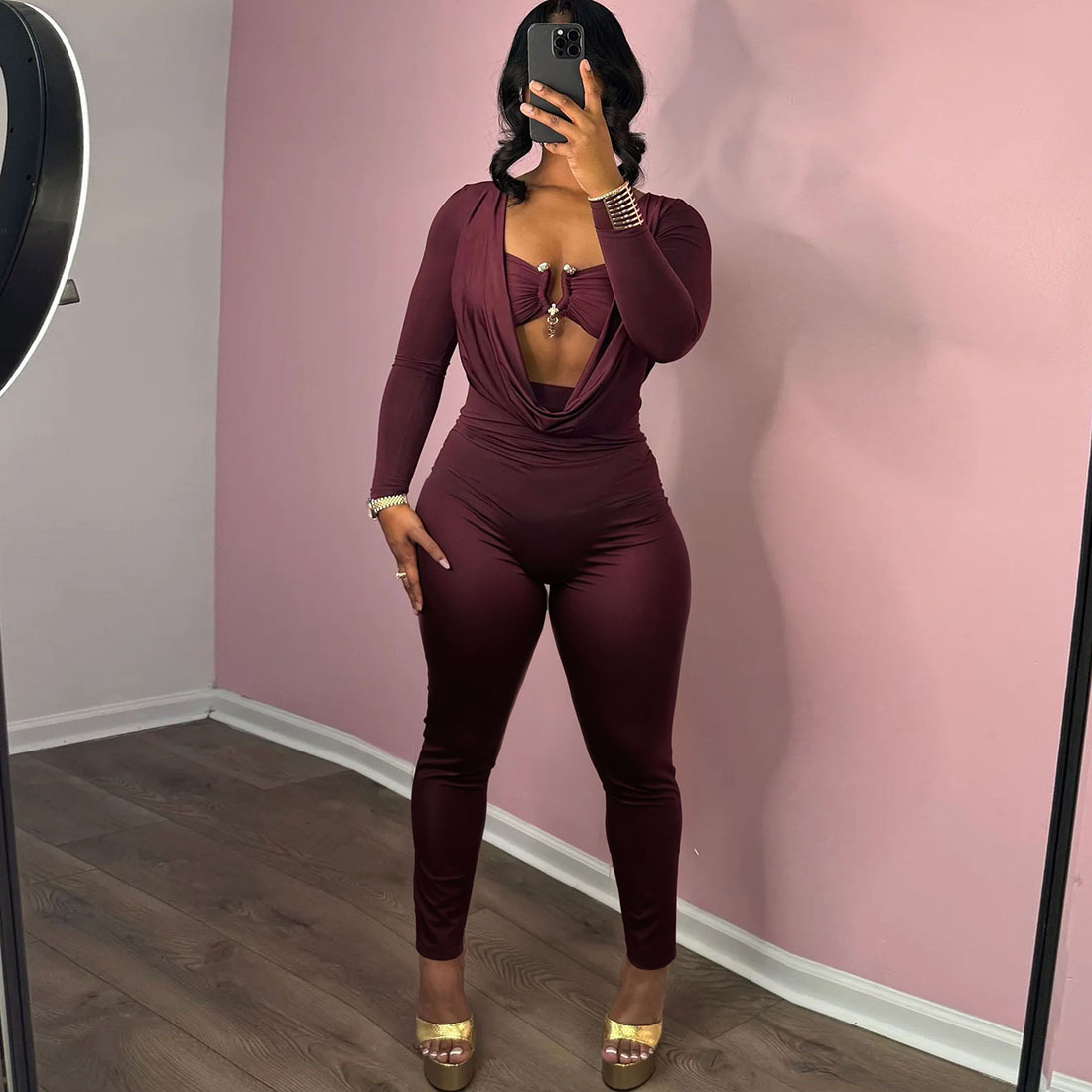 2025 Summer New Womens Fashion Sexy Strapless Scoop Neck Waist-Cinching Bodycon Solid Color Jumpsuit