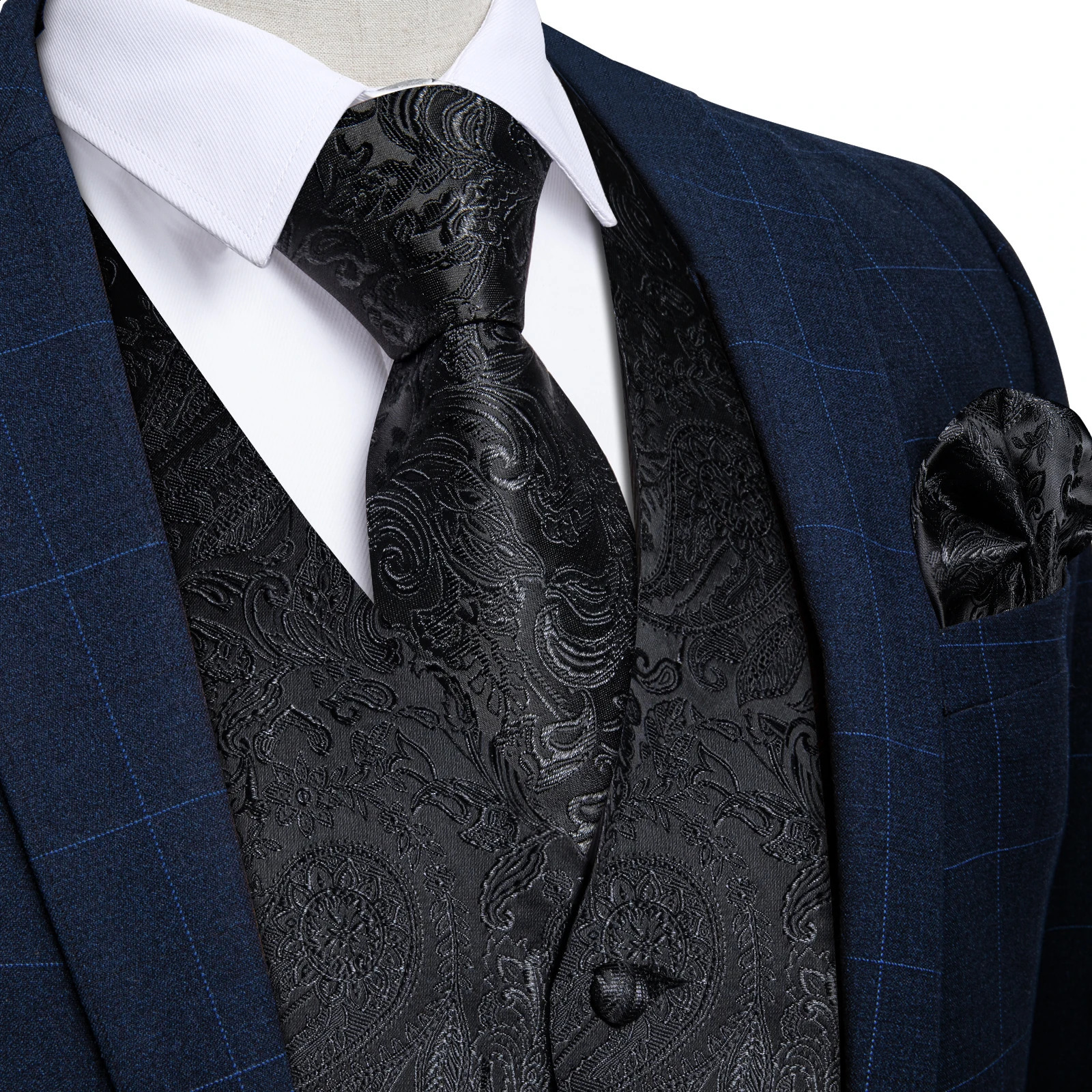 Suit Vest for Men Black Solid Paisley Wedding Prom Groom Jacquard Silk Waistcoat with Necktie Tuxedo Clothing DiBanGu 250809