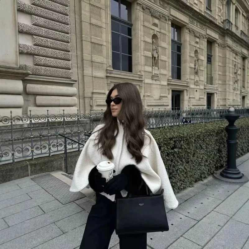 Fashion Elegant Street Womens Winter Solid Color Wool Blended Stand Collar Concealed Button Cape Jacket Y2K 250809