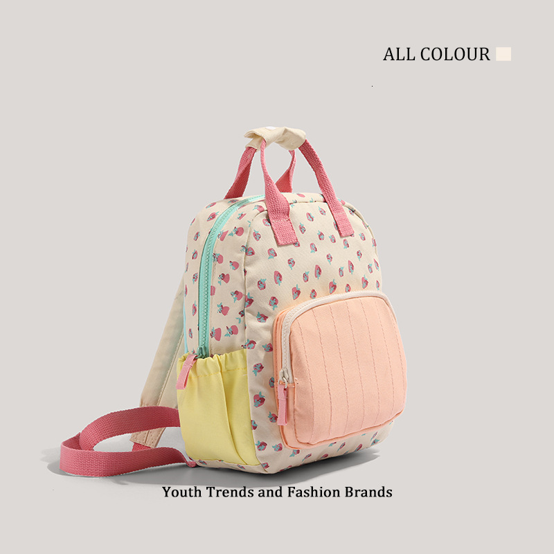 Strawberry Print Women's Canvas Dopamine Color Block Cute Backpack ddmymoon