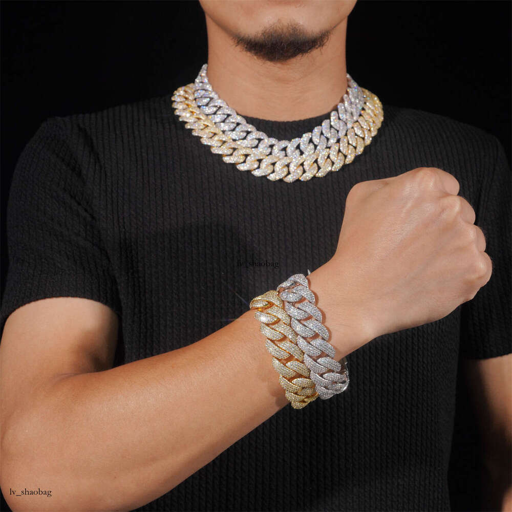 Hip-Hop Men's Sterling Silver Inlaid 5A Moissanite chain 20mm Crescent Moon 4-Row Stone Cuban Bracelet Necklace